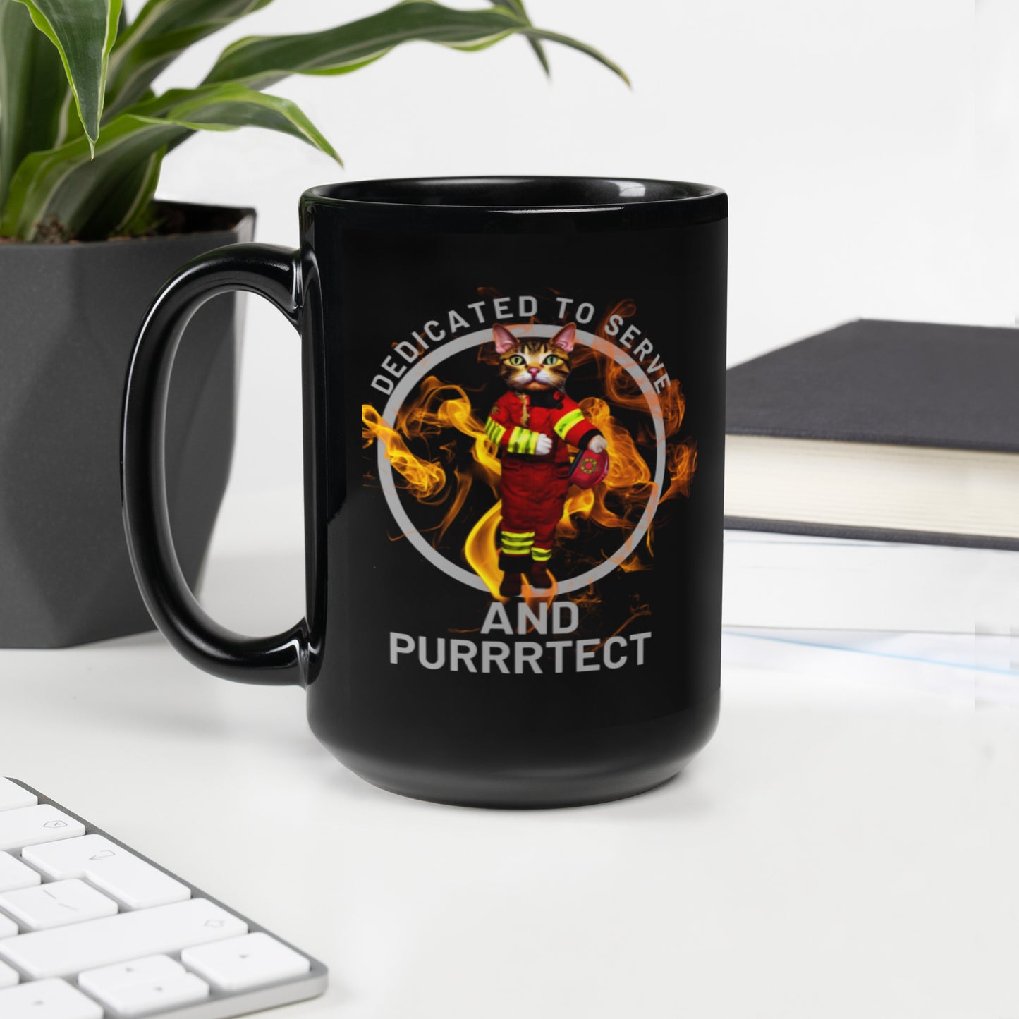 Glossy "Feline Firefighter" Mug in Black